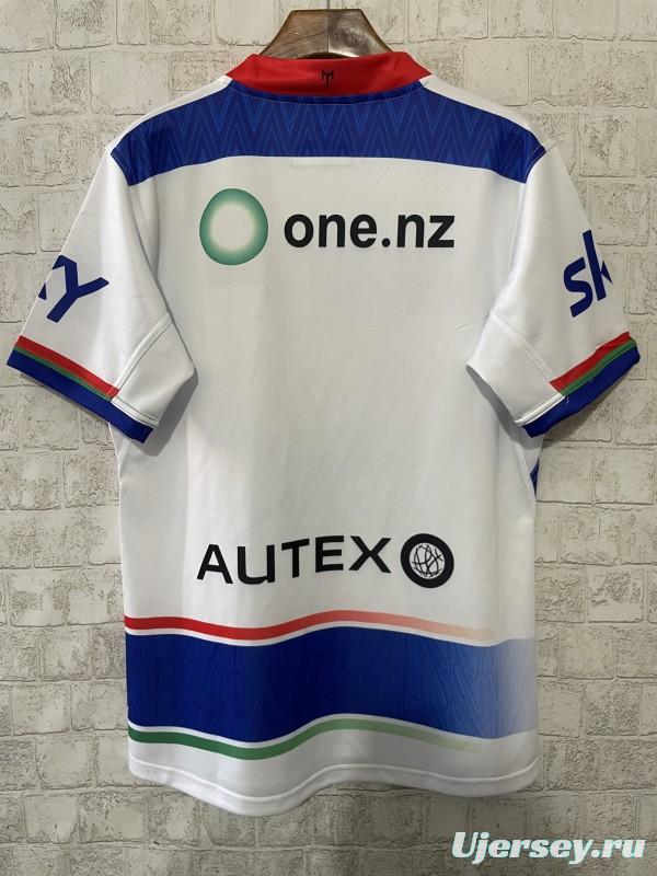 25/26 New Zealand Warriors White with Blue Panels and Circular Gradient Heritage Jersey
