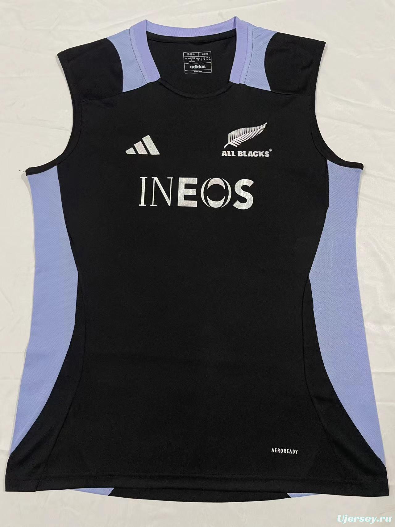 2024 New Zealand All Blacks Black with Light Blue Side Panels Sleeveless Jersey
