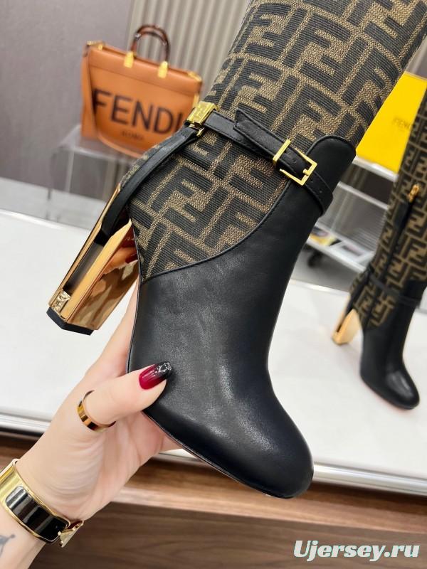 FENDI Delfina Round Toe Boots with FF Buckle and Heel Detail - LY00