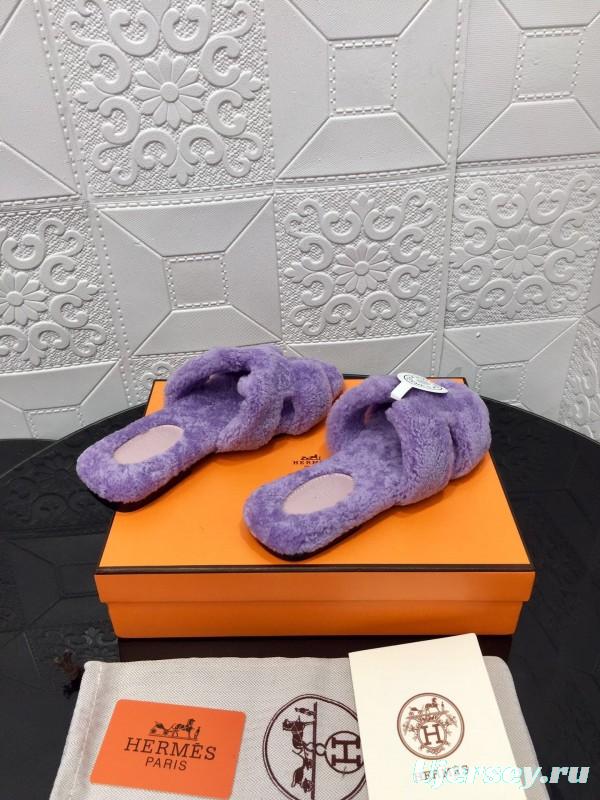 H Eiderdown Teddy Wool H Slippers Flat Sole Fur Slides - LY00240