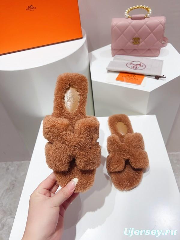 H Teddy Wool H Slippers Flat Sole Fur Slides - LY00240