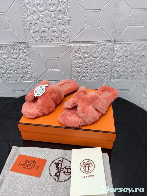 H Teddy Wool H Slippers Flat Sole Winter Home Shoes - LY00240