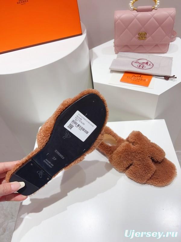 H Teddy Wool H Slippers Flat Sole Fur Slides - LY00240