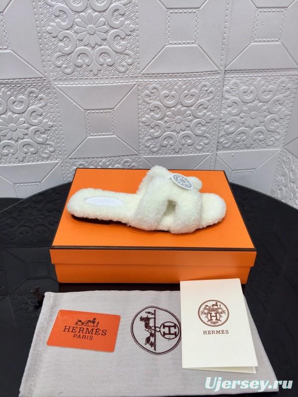 H Teddy Wool H Slippers Flat Sole Fur Slides - LY00240