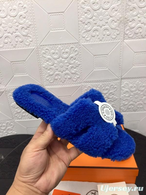 H Hermes Teddy Wool H Slippers Flat Sole Fur Slides - LY00240