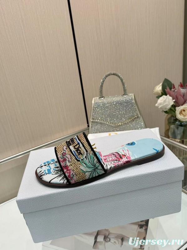 Dior 2025 SS CD Embroidered Monogram Slippers with Sheepskin Lining - LY00200