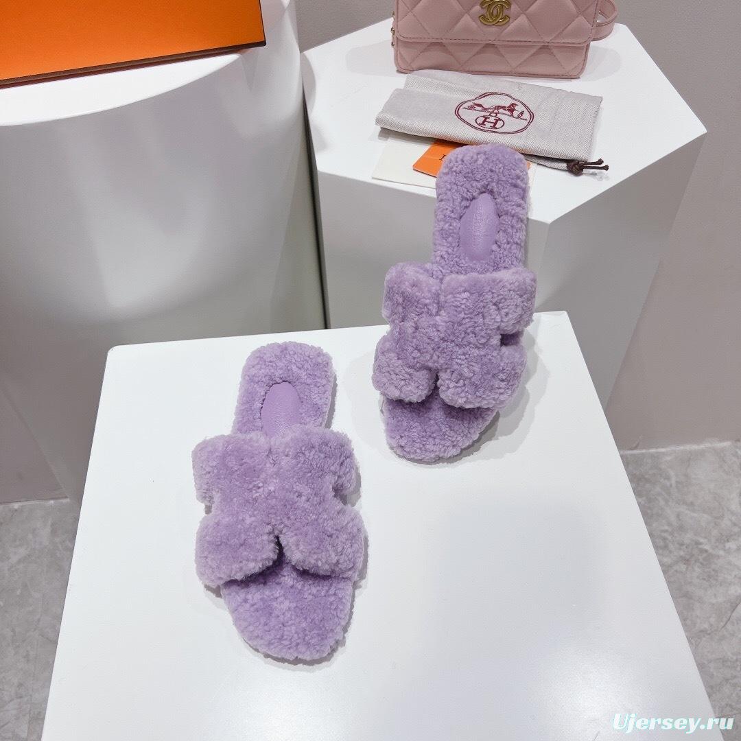 Hermès 2025 SS Teddy Wool H Slippers Flat Fur Slippers - LY00240