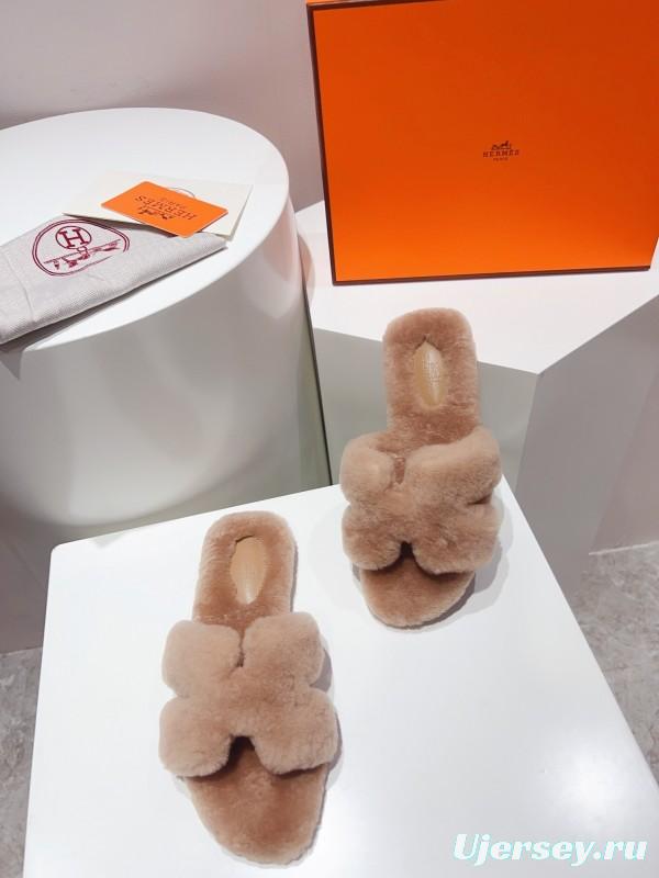 Hermès Teddy Wool H Slippers Flat Sole Fur Slides - LY00240