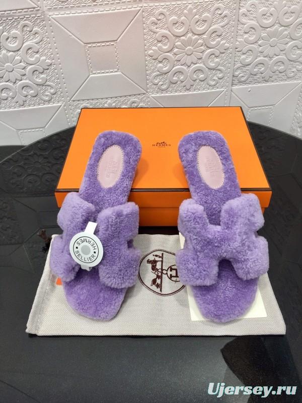 H Eiderdown Teddy Wool H Slippers Flat Sole Fur Slides - LY00240