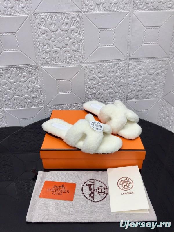 H Teddy Wool H Slippers Flat Sole Fur Slides - LY00240