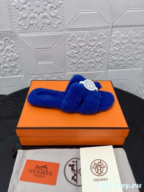 H Hermes Teddy Wool H Slippers Flat Sole Fur Slides - LY00240