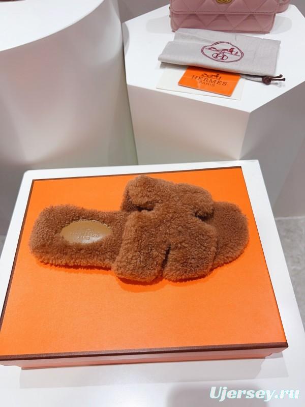 H Teddy Wool H Slippers Flat Sole Fur Slides - LY00240