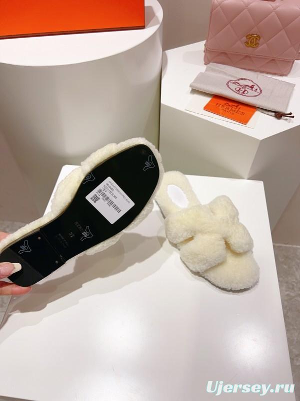 Hermes Teddy Wool H Slippers Flat Fur Slides - LY00240