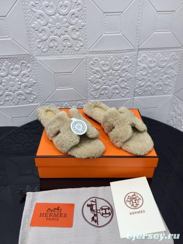 H Teddy Wool H Slippers Flat Sole Winter Home Shoes - LY00240