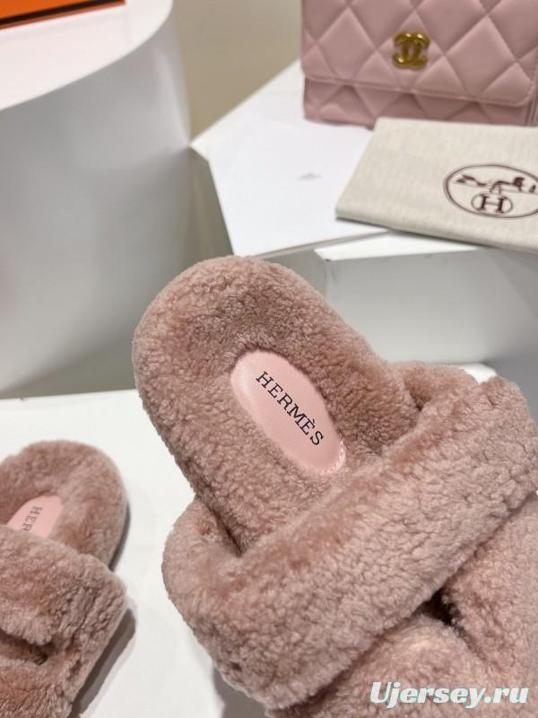 H Love Erjiu Full Wool Slippers with Slightly Curled Wool - LY00270