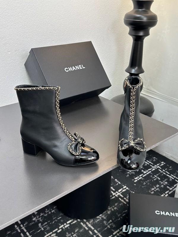 Chanel 2025/SS Chain Bow Chunky Heel Ankle Boots - LY00370