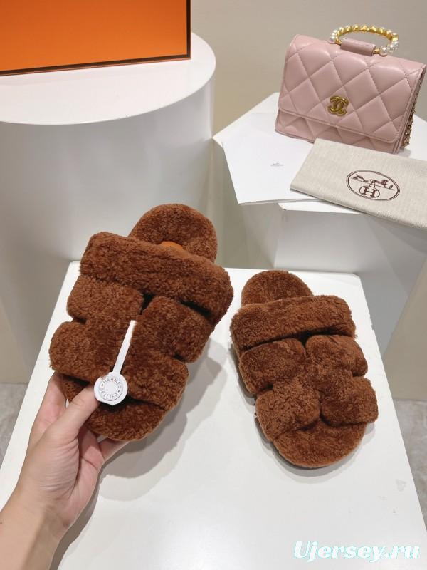 H Love Erjiu Full Wool Slippers with Wavy Fur Design - LY00270