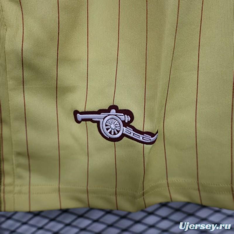 Player Version 25/26 Arsenal Yellow with Burgundy Side Stripes and Pinstripes Shorts