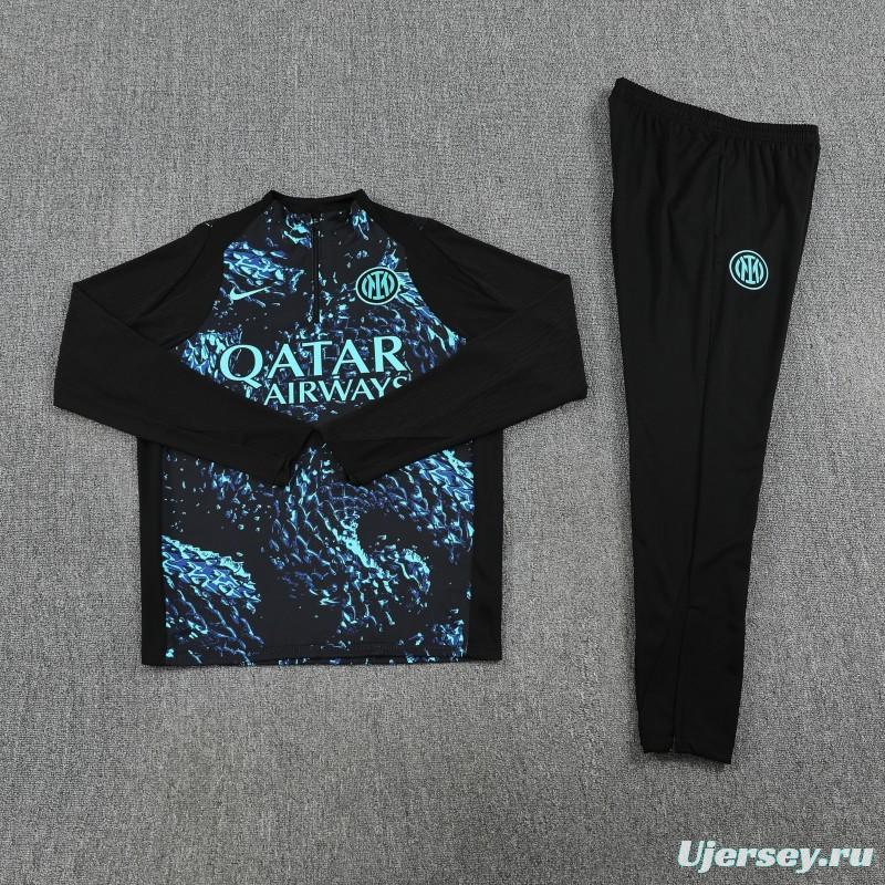 Player Version 25/26 Inter Milan Black with Blue Water Splash Pattern Half Zipper Jacket Tracksuit +Long Pants