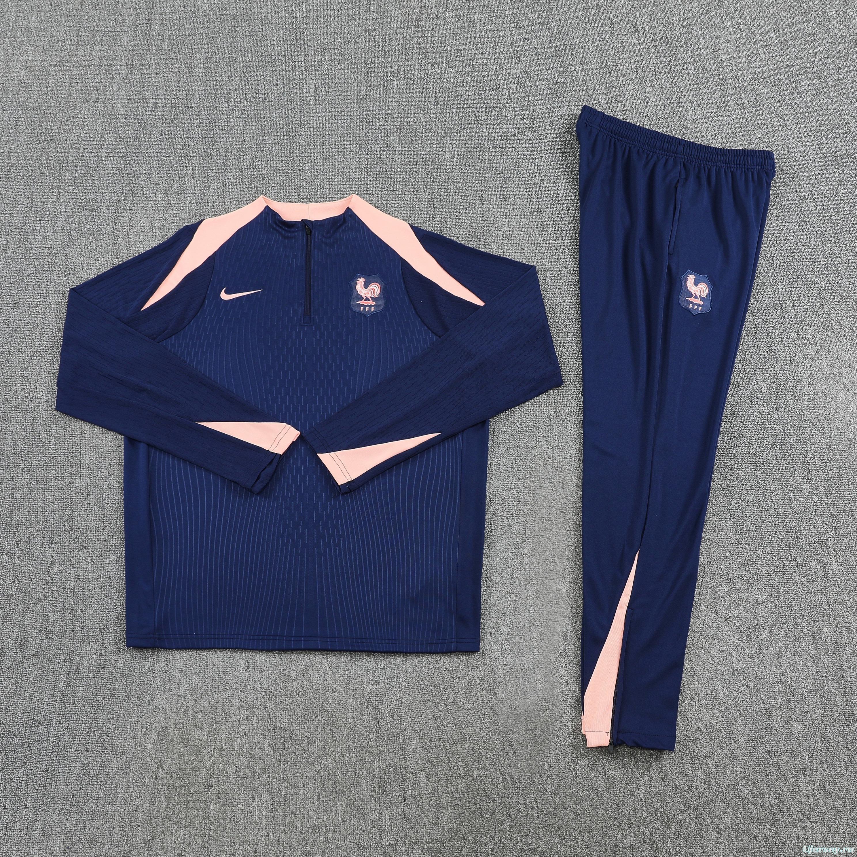 Player Version 2026 France Navy/Pink Half Zipper Jacket Tracksuit +Long Pants
