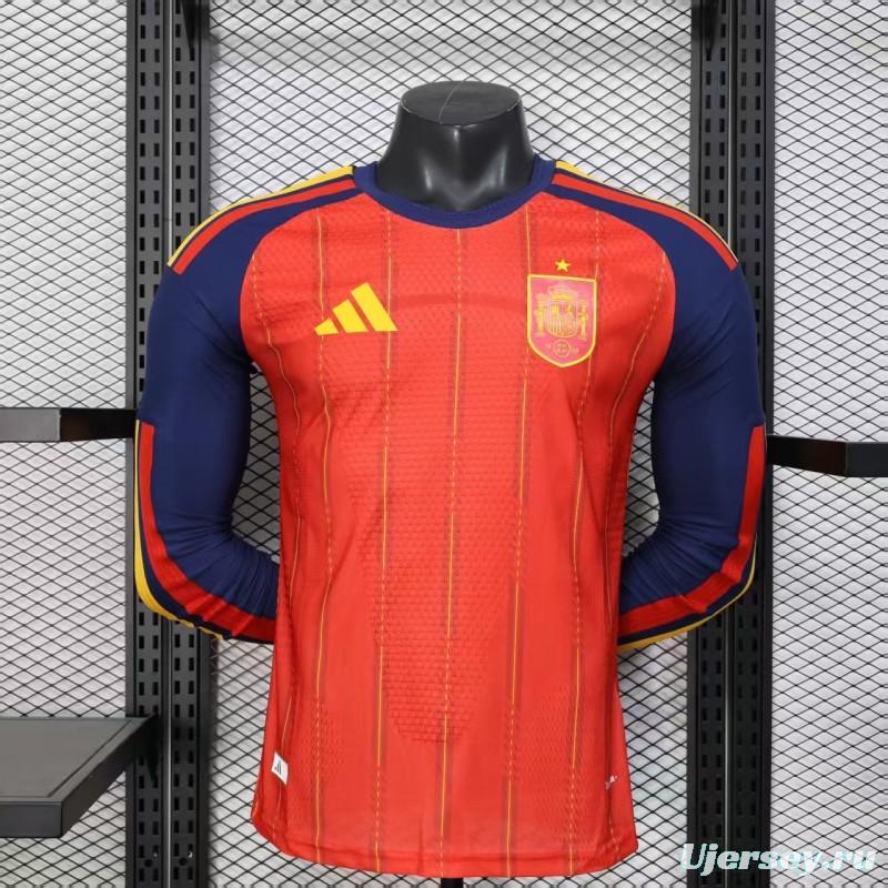 Player Version 2026 Spain Home Long Sleeve Red with Vertical Stripe Pattern Jersey