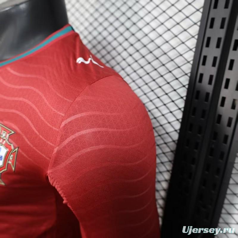 Player Version 2026 Portugal Home Long Sleeve Red with Horizontal Wave Pattern Jersey