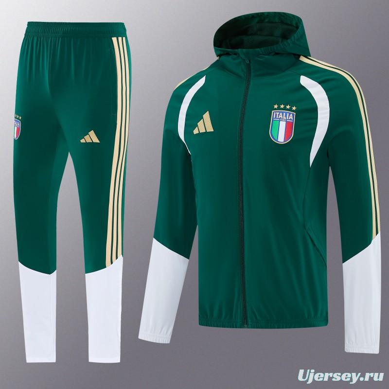 2026 Italy Green Hoodie Full Zipper Windbreaker + Long Pants