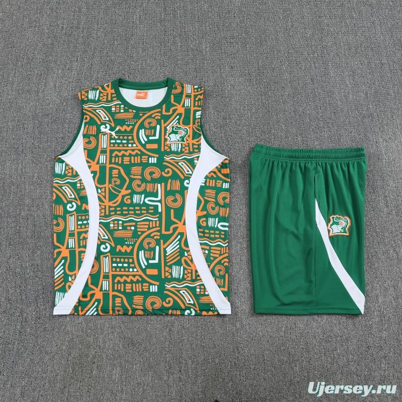 25/26 Côte d'Ivoire Green Tribal Print Sleeveless Training Vest +Shorts Set