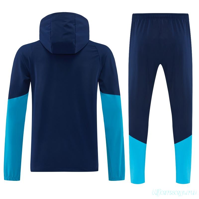 26/27  Spain Navy Blue & Light Blue Full Zipper Hooded Jacket Tracksuit + Long Pants