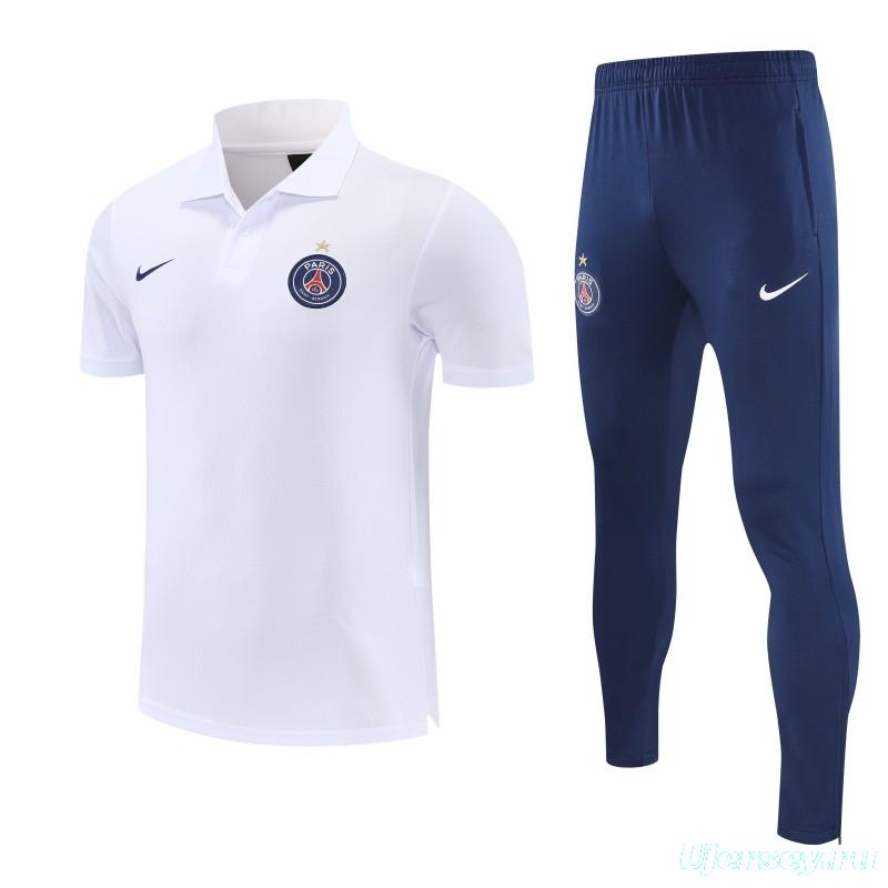 26/27  Paris White Polo Training Shirt +Navy Blue  Long Pants Tracksuit