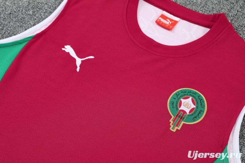 26/27 Morocco Red Sleeveless Training Vest +Green Shorts Set