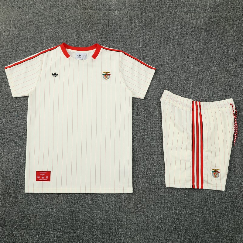 26/27 Benfica × Adidas Originals Off-White Pinstripe Short Sleeve+Soccer Shorts