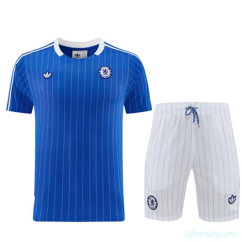 26/27 Chelsea FC  Blue  Stripes Short Sleeve+ White Soccer Shorts