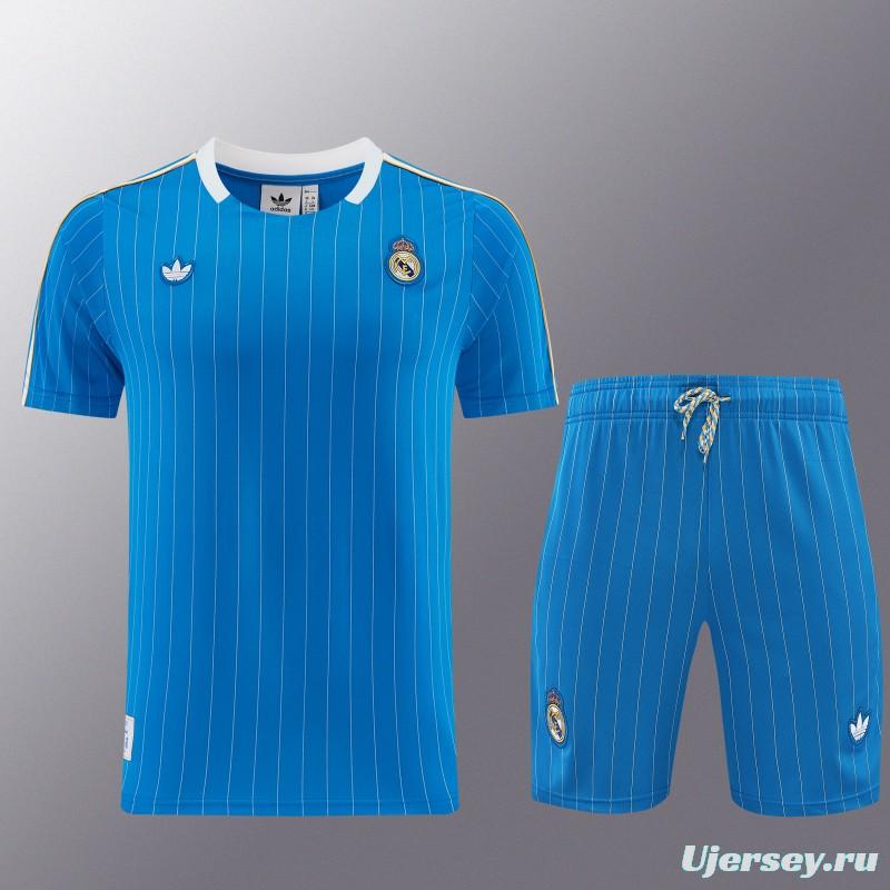 26/27 Real Madrid  Blue Pinstripe  Short Sleeve+Soccer Shorts