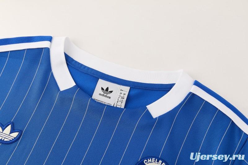 26/27 Chelsea FC  Blue  Stripes Short Sleeve+ White Soccer Shorts