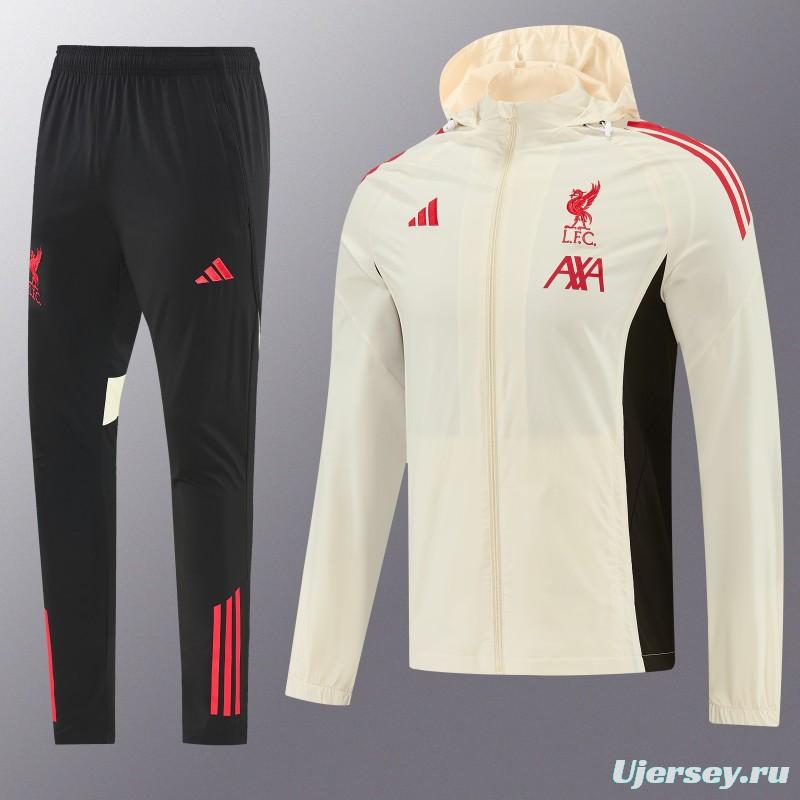 26/27 Liverpool Cream Full Zipper Hooded Jacket Tracksuit + Black Long Pants