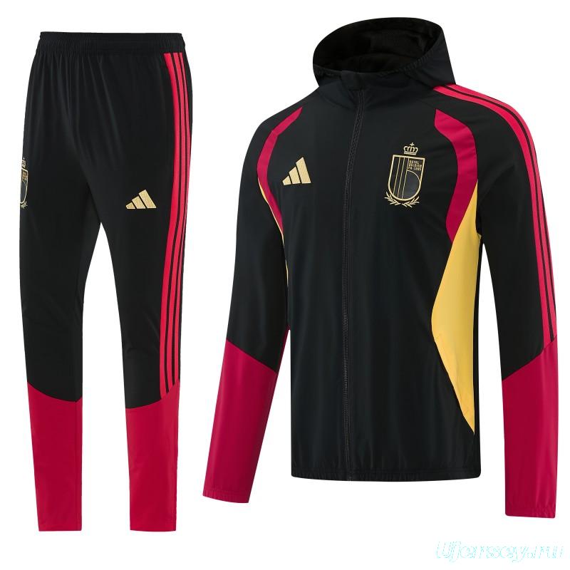 26/27 Belgium  Black Full Zipper Hooded Jacket Tracksuit + Long Pants