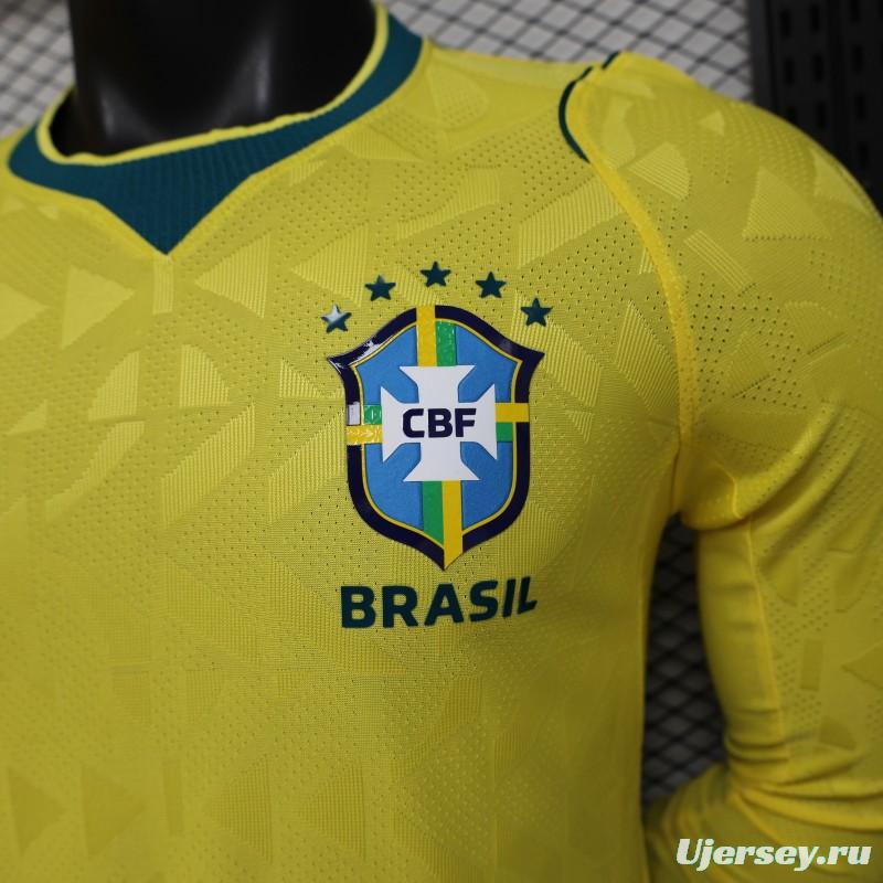 Player Version 2026 Brazil  Yellow with Geometric Pattern Home Long Sleeve Jersey
