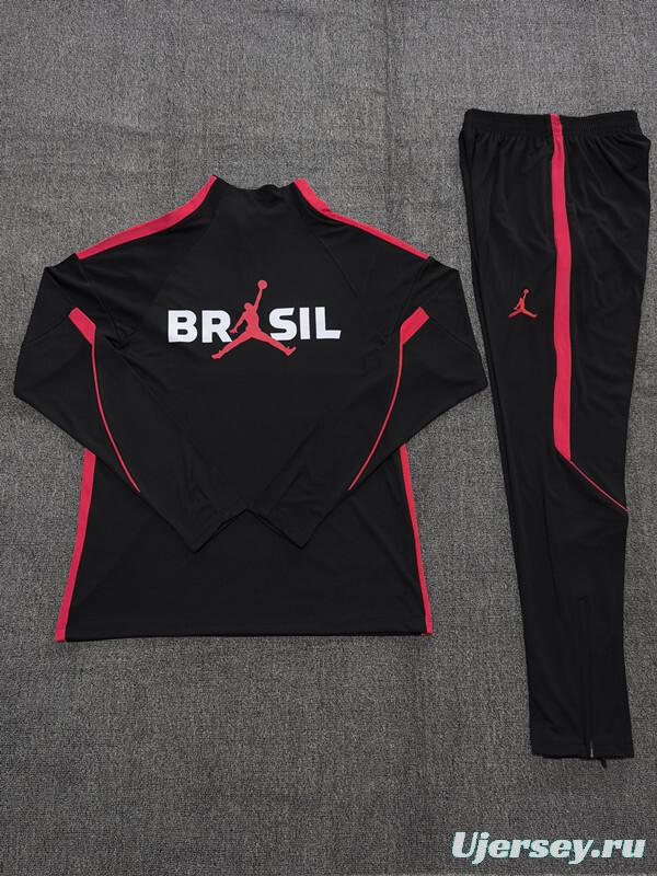 26/27 Kids Brazil Black & Red Half Zipper Jacket Tracksuit + Long Pants