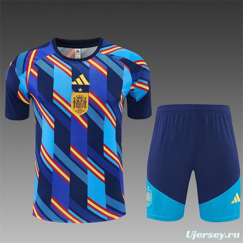2026 Spain Navy Blue Multi-Color Diagonal Stripe Short Sleeve+Soccer Shorts