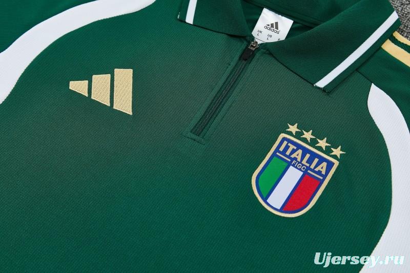 2026 Italy Green & White Half-Zip Polo Short Sleeve Tracksuit + Long Pants