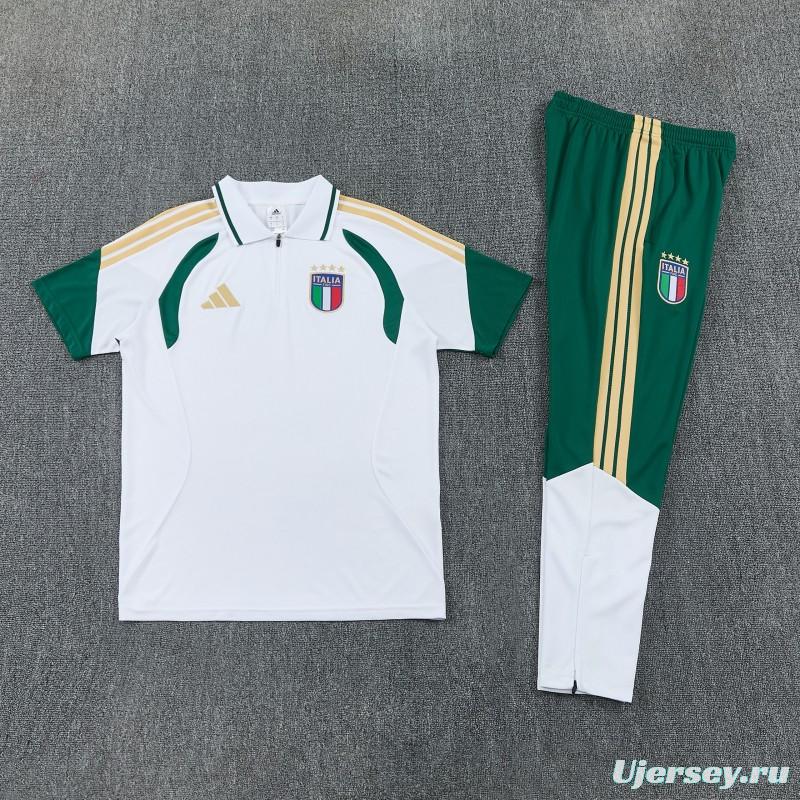 2026 Italy White & Green Half-Zip Polo Short Sleeve Tracksuit + Long Pants