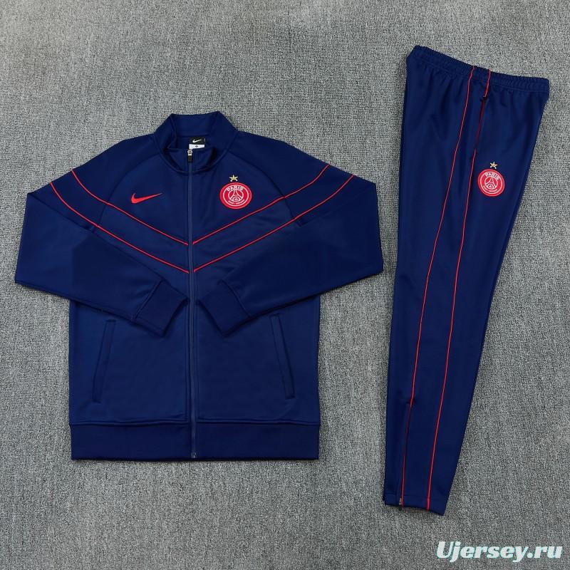 26/27 Paris Saint-Germain Navy Blue with Red Chevron Stripe Full Zipper Jacket Tracksuit + Long Pants (Home)