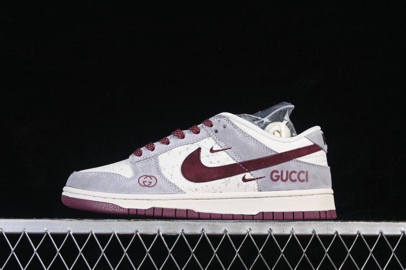 Nike SB Dunk Low Gucci Collaboration Grey White Wine Red Custom Low-Top Skateboarding Shoes - DN3168-012