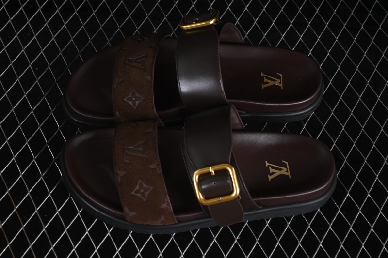 Louis Vuitton Venice Comfort Calf Suede Round-Toe Slide Sandals