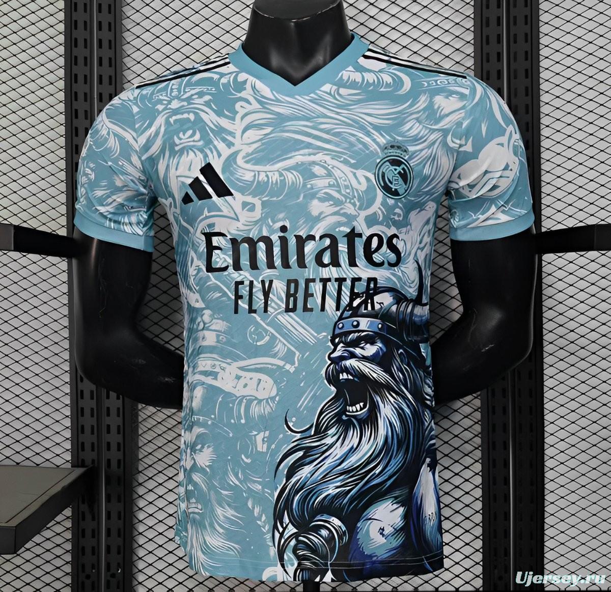 Player Version 25/26 Real Madrid Light Blue with Viking Warrior Pattern Jersey