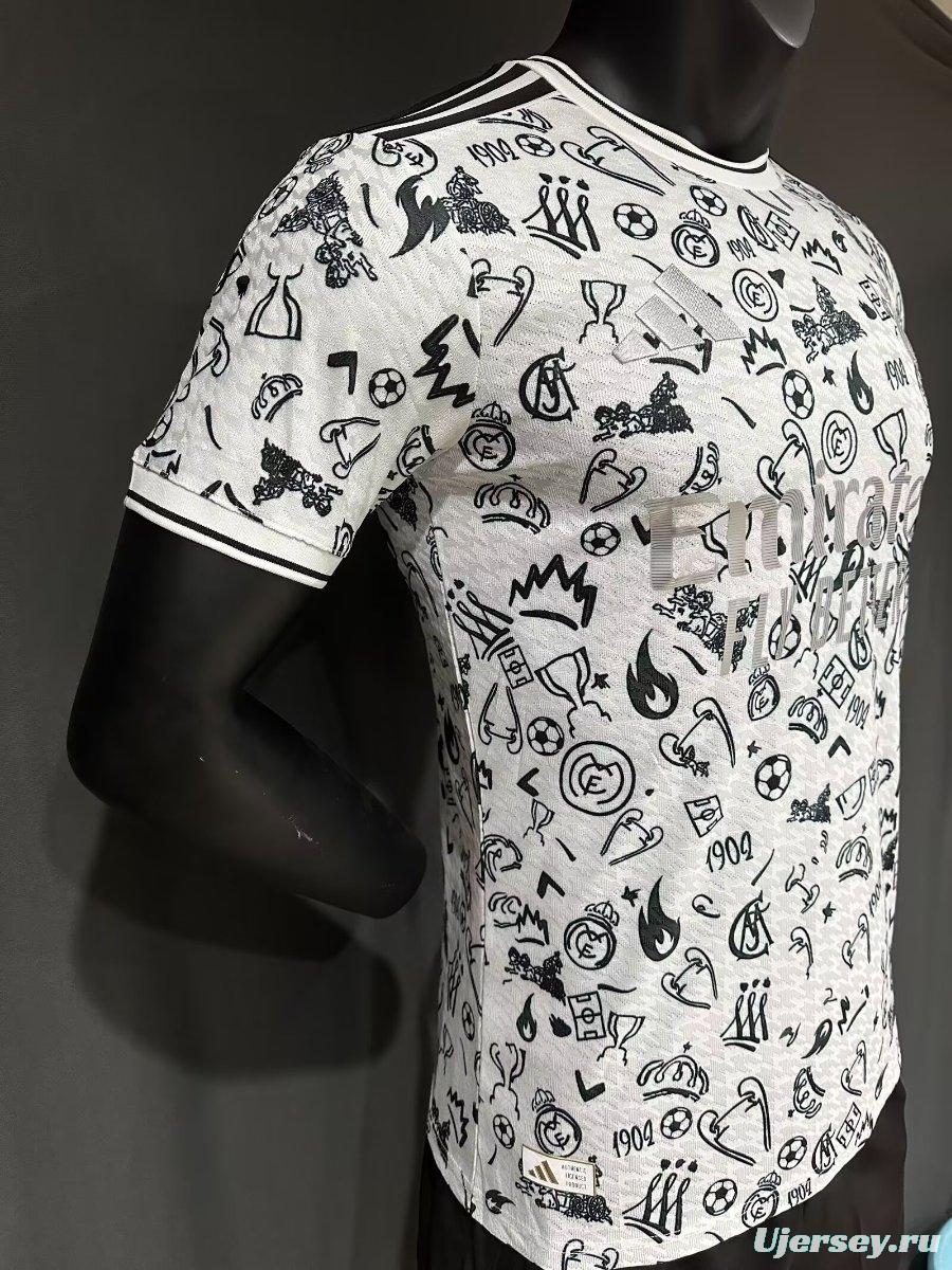 Player Version 25/26 Real Madrid White with Football Icons Pattern Jersey