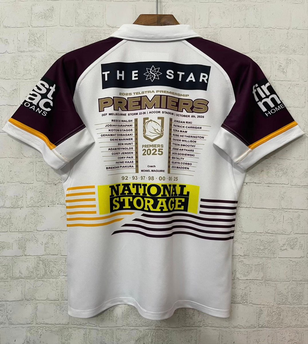 25/26 Brisbane Broncos White with Maroon Sleeves and Diagonal Geometric Stripes  Champion Jersey
