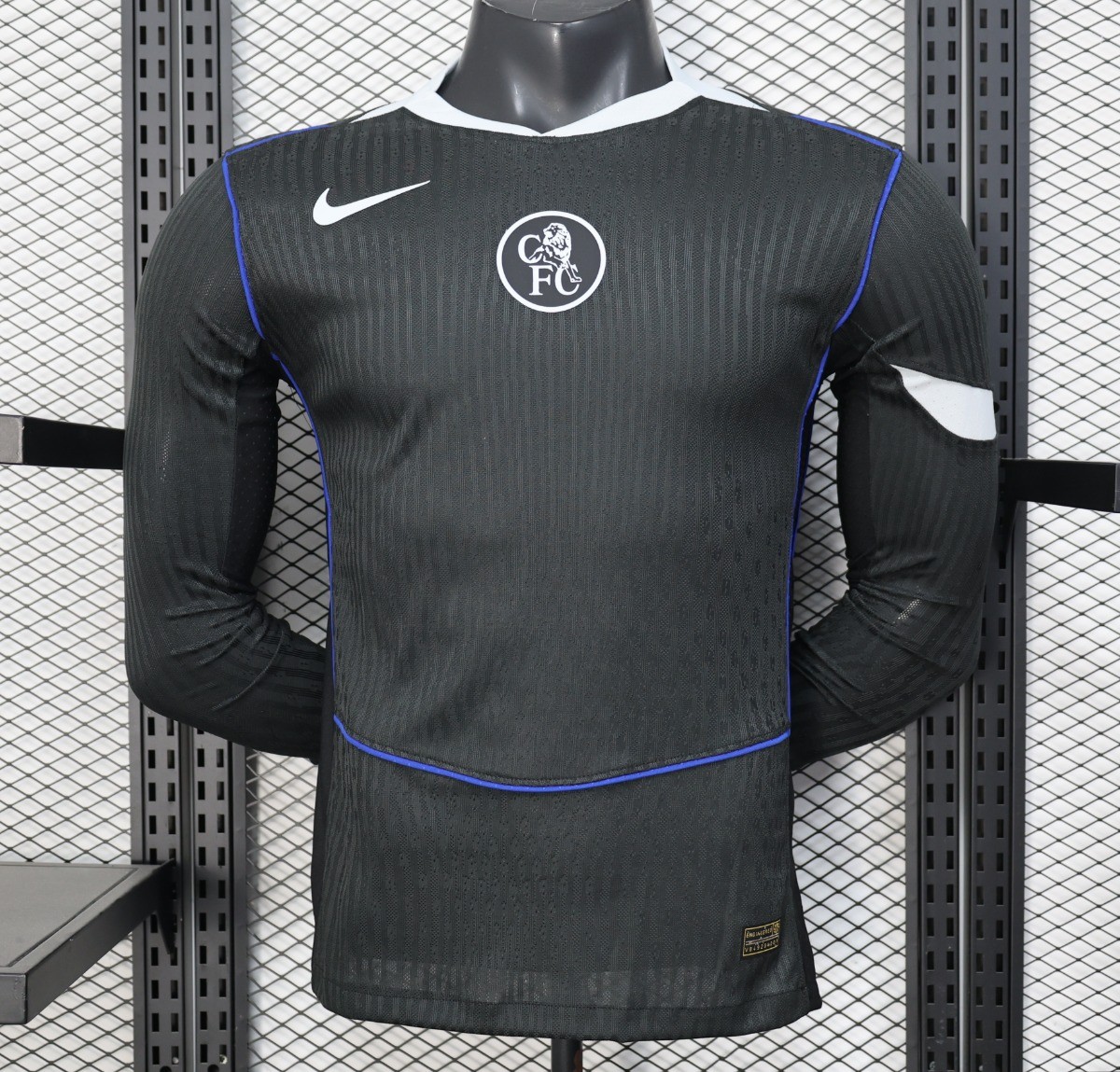25/26 Player Version  Chelsea Away Dark Gray with Vertical Stripe Texture and Blue Piping Jersey
