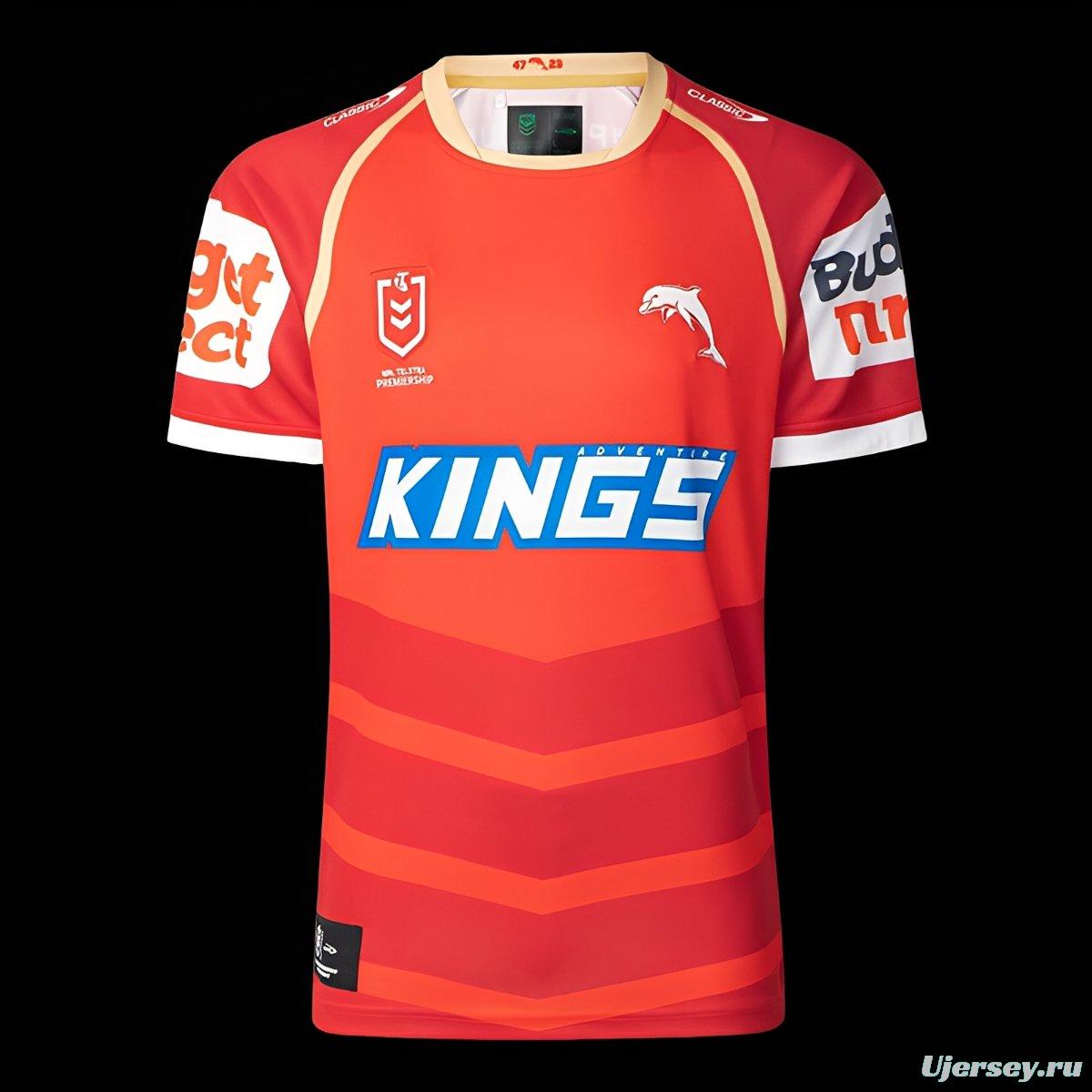 2025 Redcliffe Dolphins Red with Tonal Hoops Home Jersey